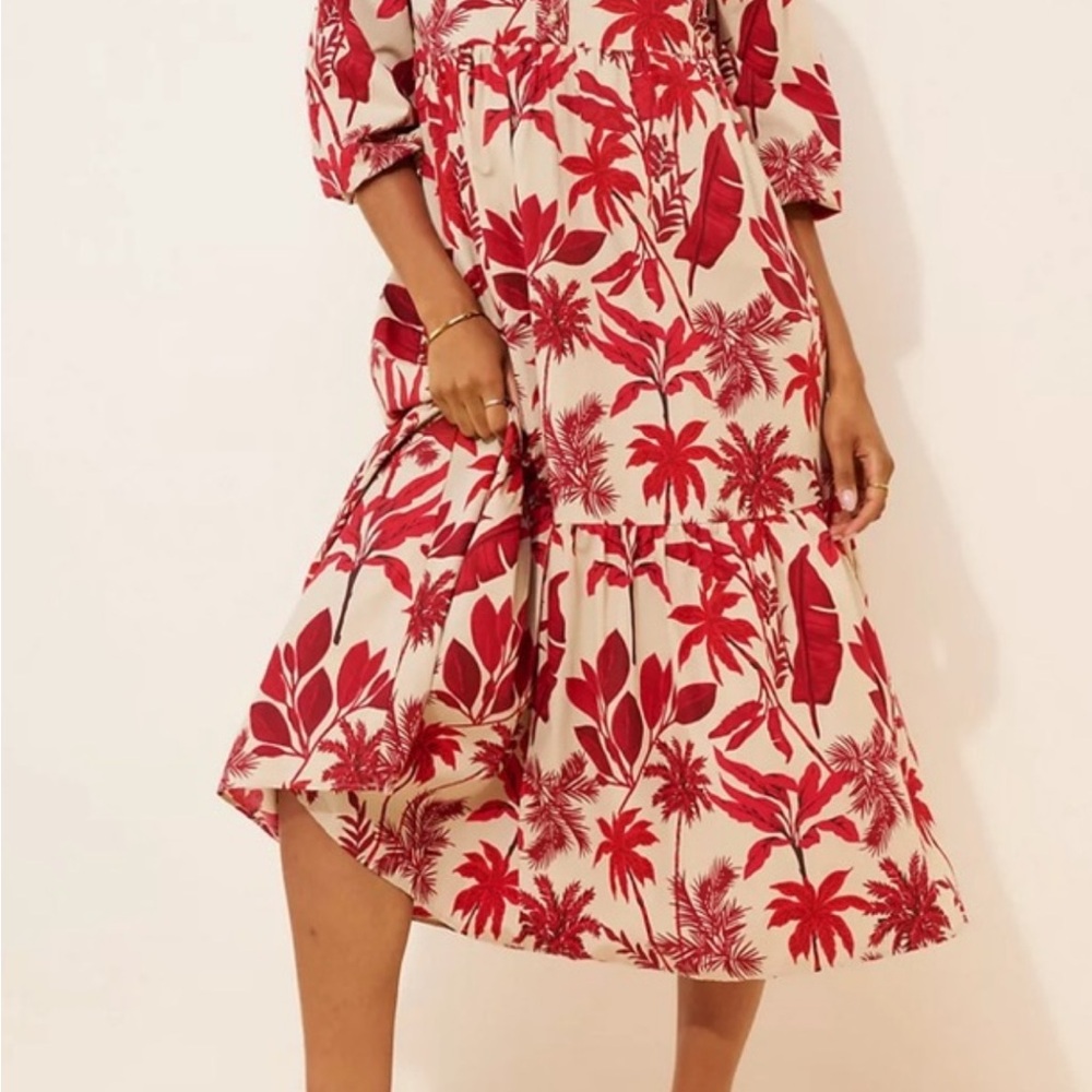 Maeve Red and Cream Tropical Midi Dress